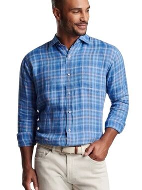 Peter Millar Men's Ashore Blue Plaid Linen Long Sleeve Shirt Size M Spring